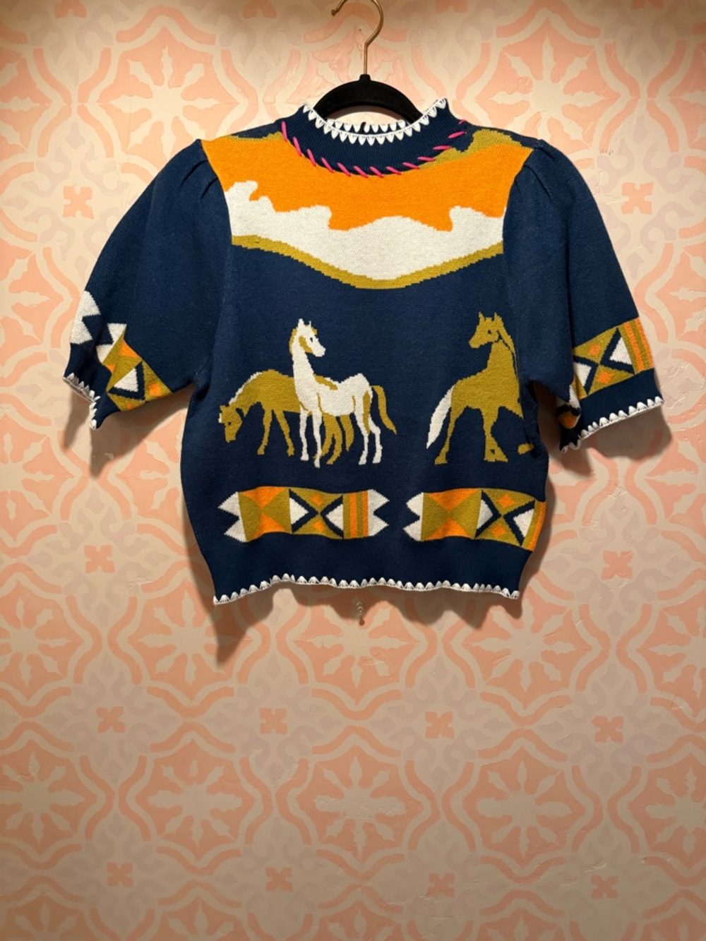 THML Navy, Orange & White Intarsia Knit Sweater